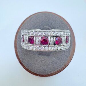 VTG Sterling Silver 925 Red & White Cubic Zirconia Statement Ring Size 10.5